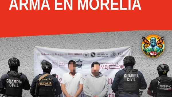 Ilustración simbólica de escudo urbano sobre mapa de Morelia, con elementos discretos de justicia y vigilancia