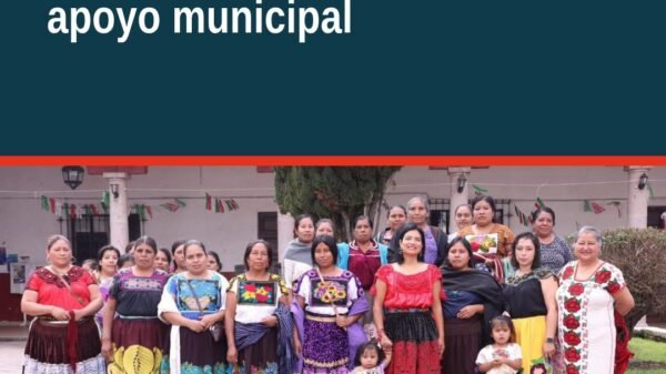 Artisanas michoacán apoyo municipal: grupo diverso de artesanas michoacanas frente a un mercado local con productos típicos