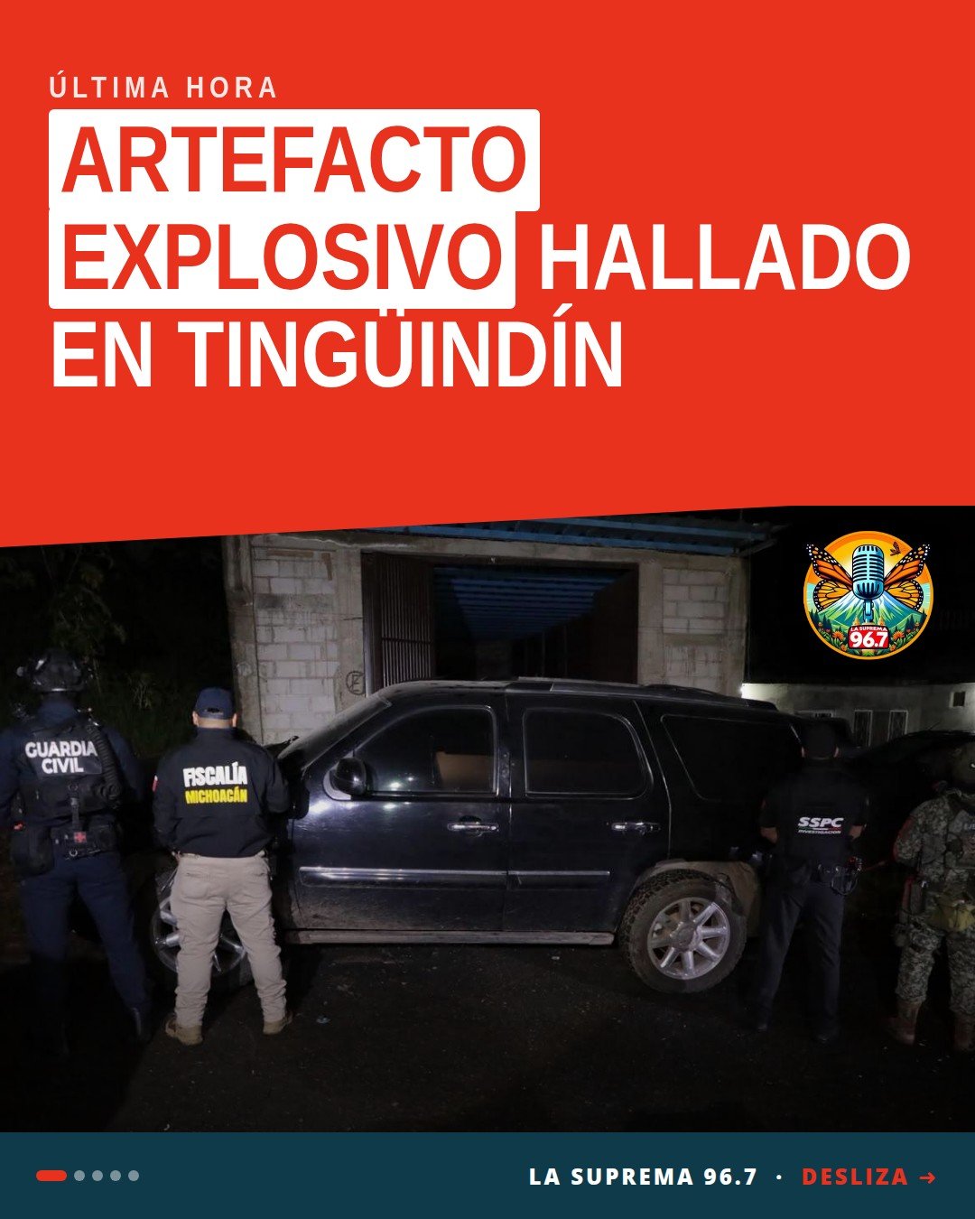 Camioneta GMC negra y artefacto explosivo tipo granada asegurados durante cateo en Tingüindín