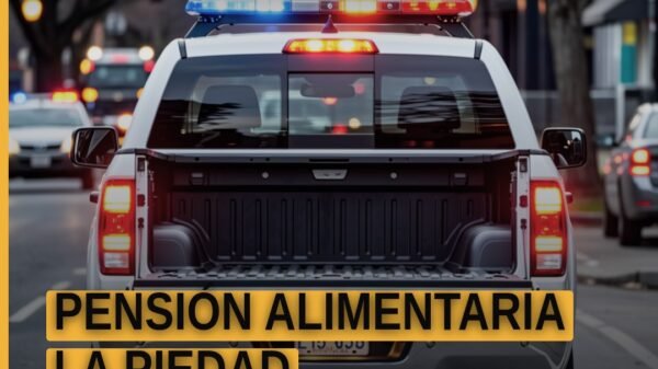 Ilustración simbólica de balanza y documento con leyenda 'pensión alimentaria la piedad'