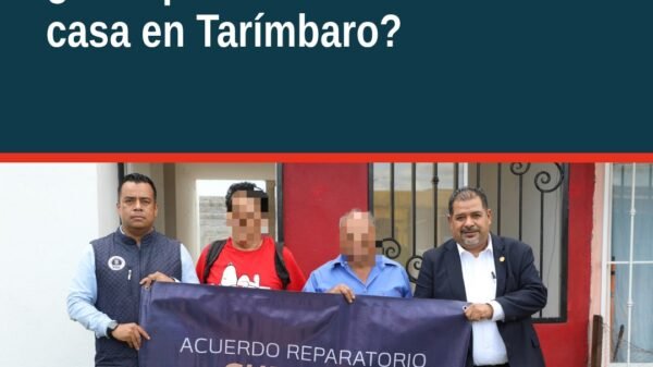 Ilustración simbólica de una llave y una casa con bandera de Michoacán, representando la restitución inmueble tarímbaro