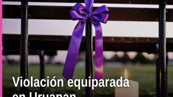 Ilustración simbólica de balanza de justicia sobre fondo con silueta de Uruapan, representando la vinculación a proceso por