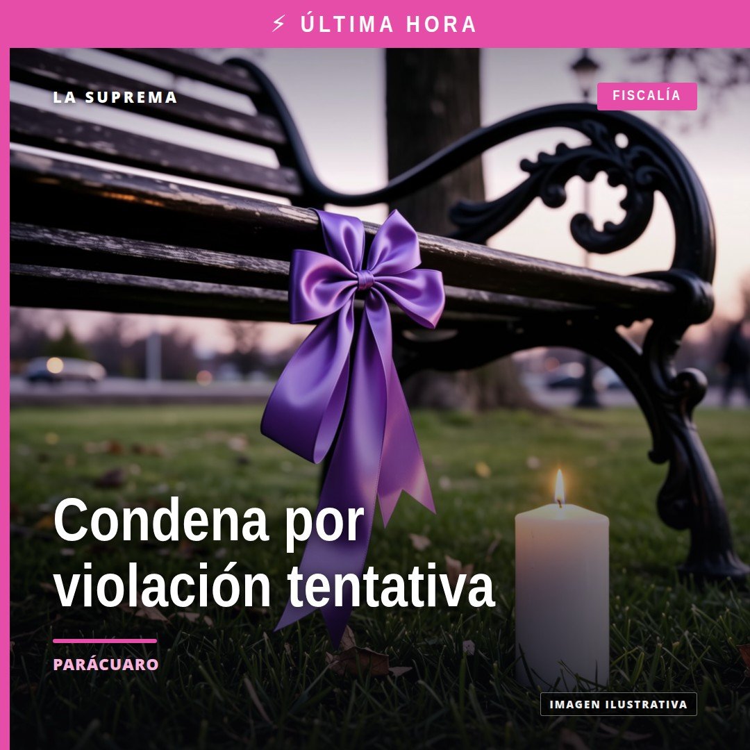 Ilustración simbólica de balanza de justicia con fondo de silueta de Parácuaro, representando la condena por violación