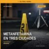 Ilustración simbólica de balanza judicial y paquetes sellados con etiqueta 'metanfetamina uruapan' sobre fondo de mapas de