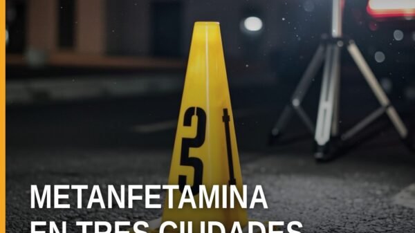 Ilustración simbólica de balanza judicial y paquetes sellados con etiqueta 'metanfetamina uruapan' sobre fondo de mapas de