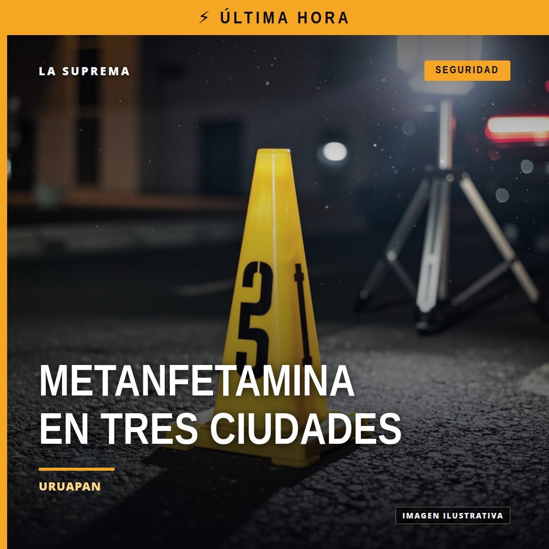 Ilustración simbólica de balanza judicial y paquetes sellados con etiqueta 'metanfetamina uruapan' sobre fondo de mapas de