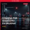 Ilustración simbólica de balanza de justicia sobre mapa de Uruapan, con texto 'secuestro agravado uruapan'