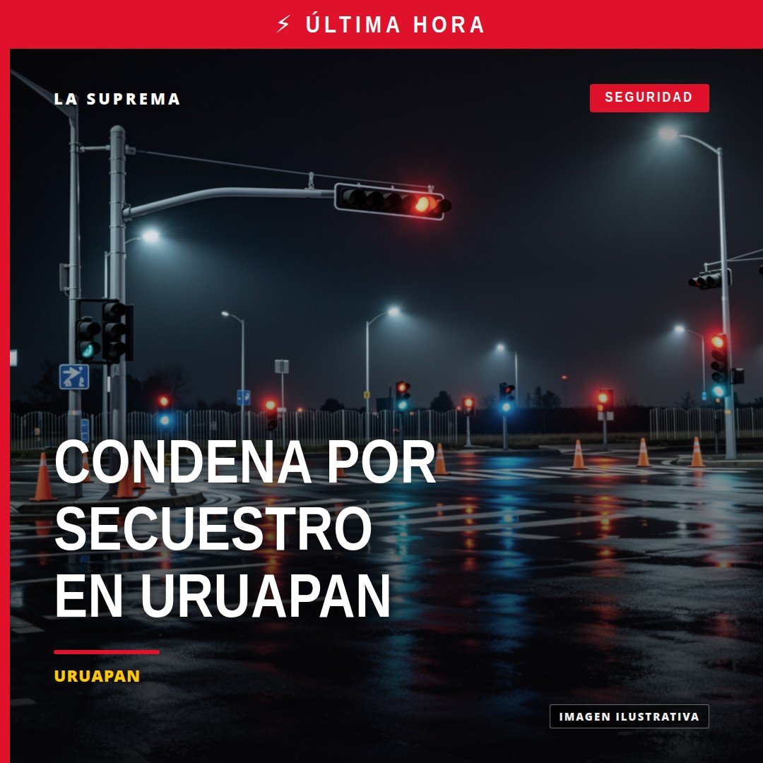 Ilustración simbólica de balanza de justicia sobre mapa de Uruapan, con texto 'secuestro agravado uruapan'