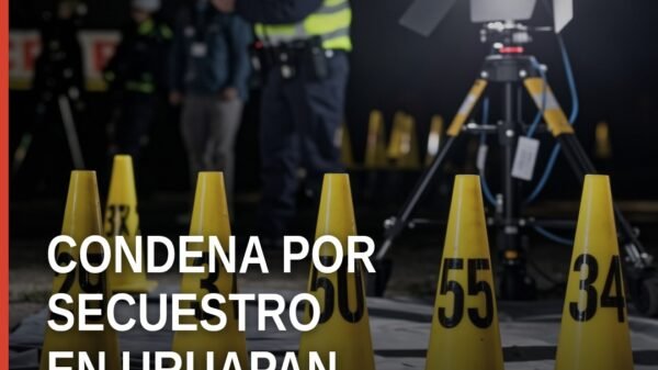 Ilustración simbólica de justicia en Uruapan: balanza y escudo municipal, con texto 'secuestro agravado uruapan'