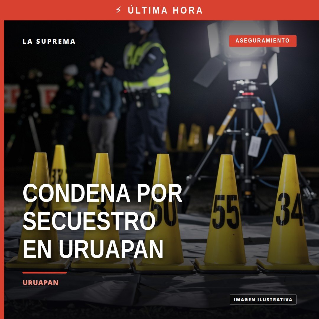 Ilustración simbólica de justicia en Uruapan: balanza y escudo municipal, con texto 'secuestro agravado uruapan'
