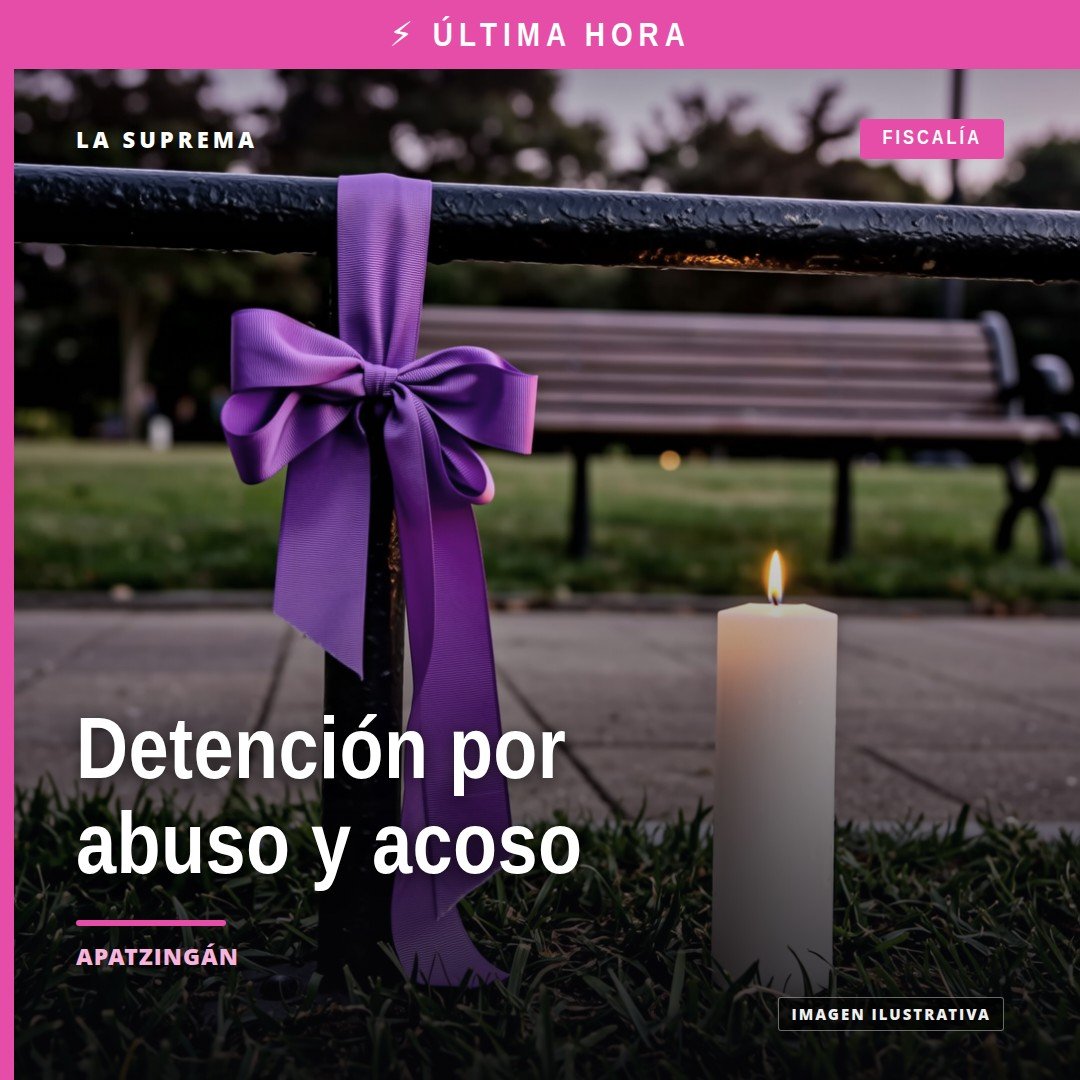Ilustración simbólica de una vivienda en Apatzingán con un escudo de la Fiscalía Michoacán y elementos que representan abuso