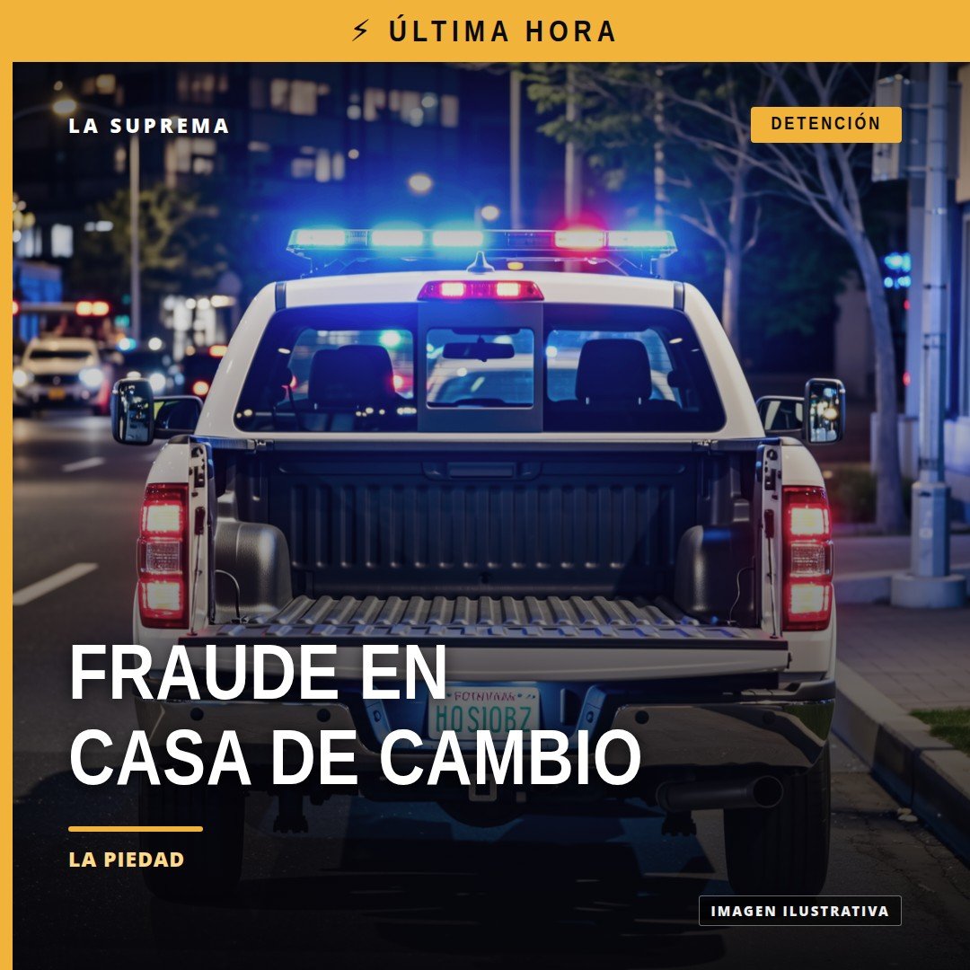 Ilustración simbólica de un cheque alterado y monedas junto al nombre 'La Piedad', representando el fraude casa de cambio la