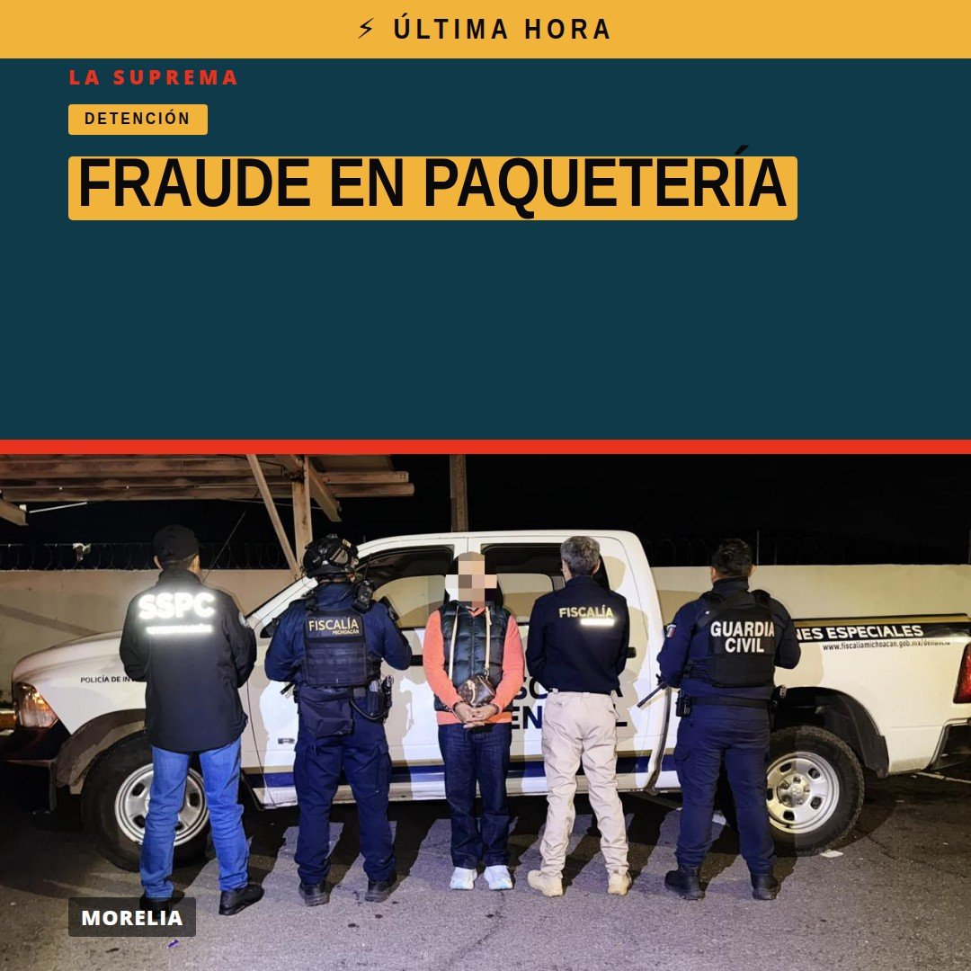 Imagen ilustrativa de paquetes y camiones de mensajería con sello de alerta, representando el fraude en paquetería