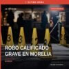 Ilustración simbólica de una farmacia en Morelia con señal de alerta, representando el robo calificado grave morelia