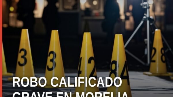 Ilustración simbólica de una farmacia en Morelia con señal de alerta, representando el robo calificado grave morelia