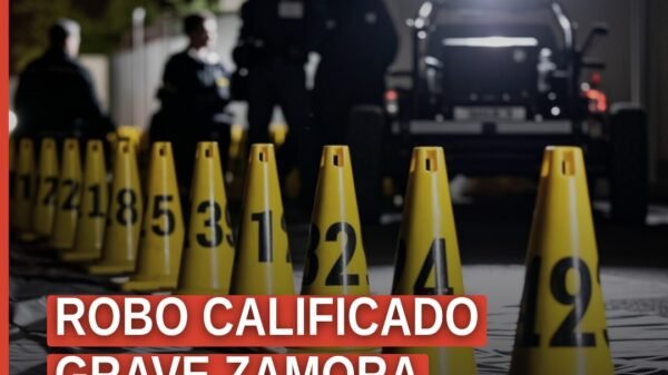 Ilustración simbólica de una balanza de justicia sobre fondo con silueta de obra en construcción en Zamora, relacionada con