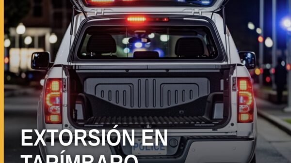 Ilustración simbólica de una balanza y un teléfono móvil sobre fondo con mapa de Tarímbaro, representando extorsión agravada