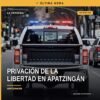 Ilustración simbólica: puente Los Girasoles en Apatzingán con silueta de mujer pidiendo auxilio y patrulla municipal; frase