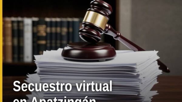 Ilustración simbólica de un teléfono con advertencia y mapa de Apatzingán, representando secuestro virtual apatzingán