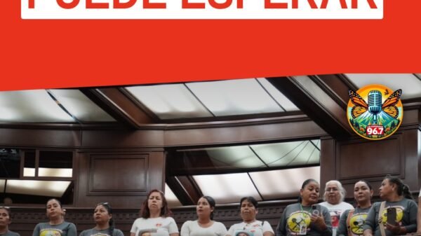 Diputada Belinda Iturbide Díaz hablando frente a un mural con manos entrelazadas y la frase 'La búsqueda no puede esperar'