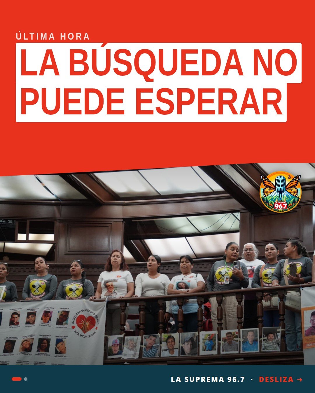 Diputada Belinda Iturbide Díaz hablando frente a un mural con manos entrelazadas y la frase 'La búsqueda no puede esperar'